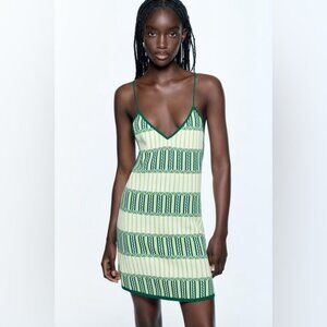 Zara Jacquard Knit Dress Green & White Size S